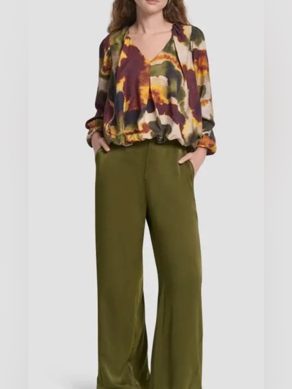 DKNY Long-Sleeve V-Neck Abstract Print Blouse in Burgundy, Mustard, Olive, Cream